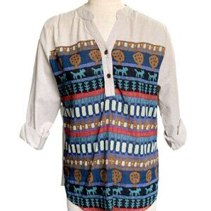 Women's Cotton Blend V-Neck 2-Button Colorful Top Sz L Southwestern Print # 28E